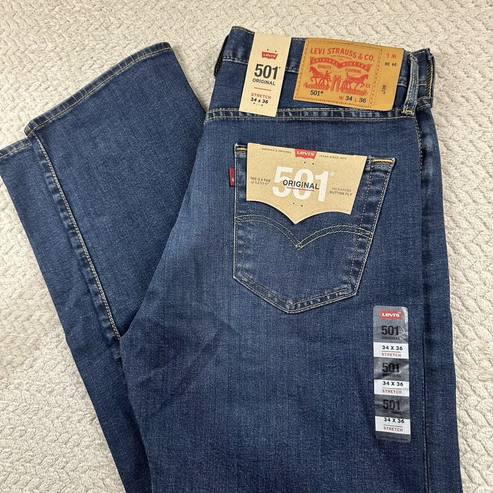 NWT Levis 501 XX Mens 34x36 Button Fly Original Stretch Tall Denim Medium wash